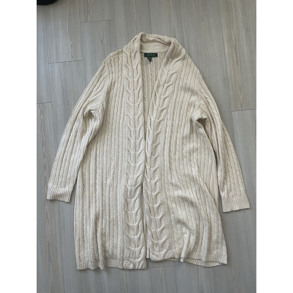 Ralph Lauren Women's Cream Cardigan Silk Cashmere Blend Size M Chunky Cable Knit